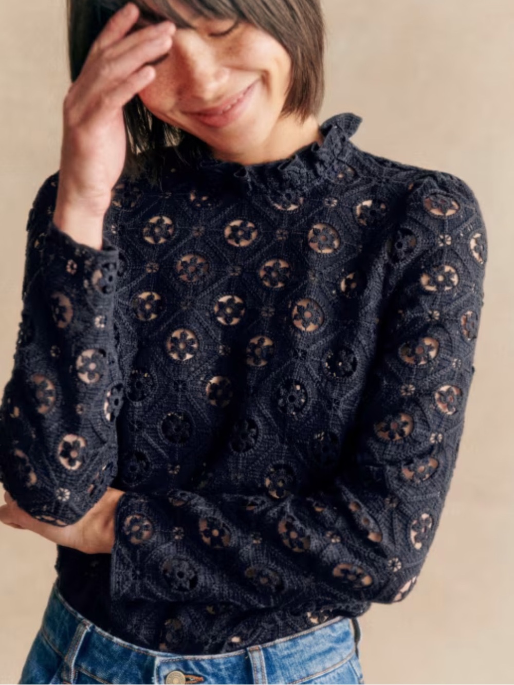 NWT | Sézane Florie Navy Guipure Lace Embroidered Blouse | 10/42